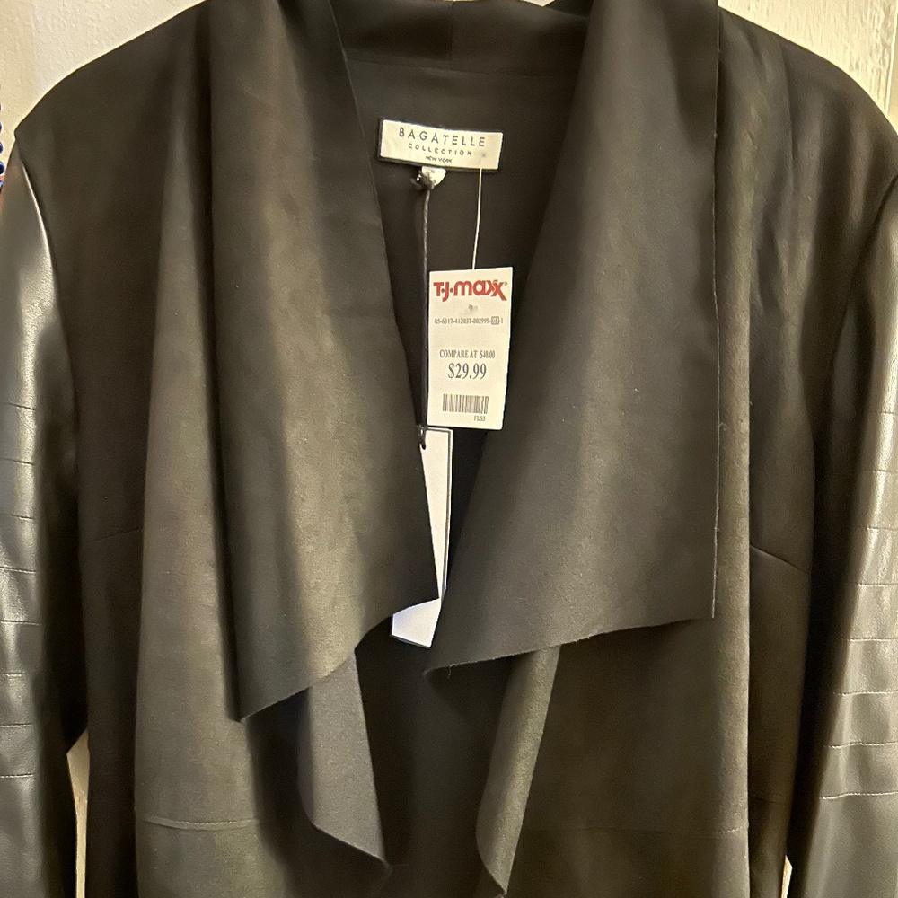 New Bagatelle Collection Suede and Leather Open Front Cardigan Small